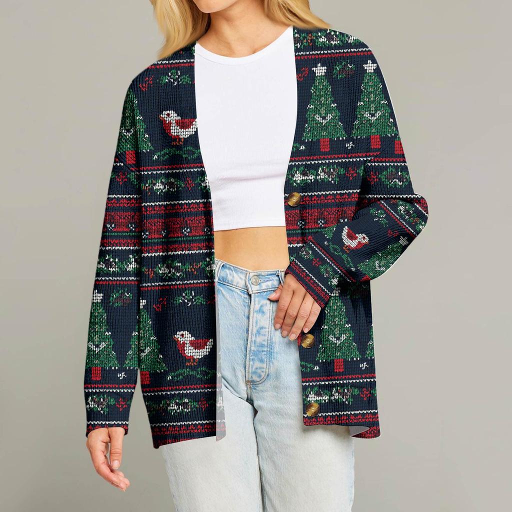 Women's Fashion Long Sleeve Christmas Print V-Neck Button Loose Cardigan Top