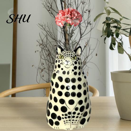 Real Flower Vase Dotted Cat Desktop Decoration Resin Cartoon Kitten Floral Plants Holder Indoor Dried Arrangement Container