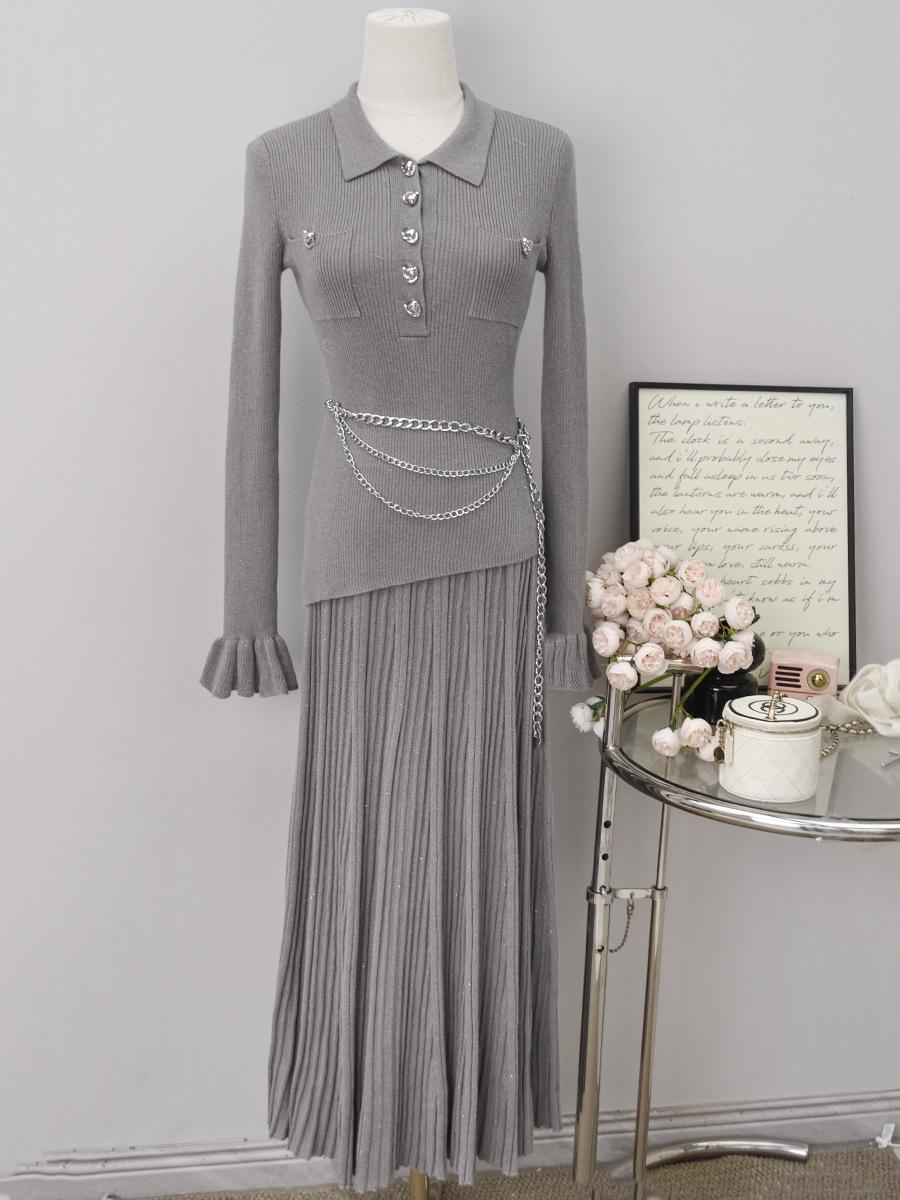 Элегантный комплект: топ и юбка из ребристого блестящего трикотажа с цепочкой на талии Small