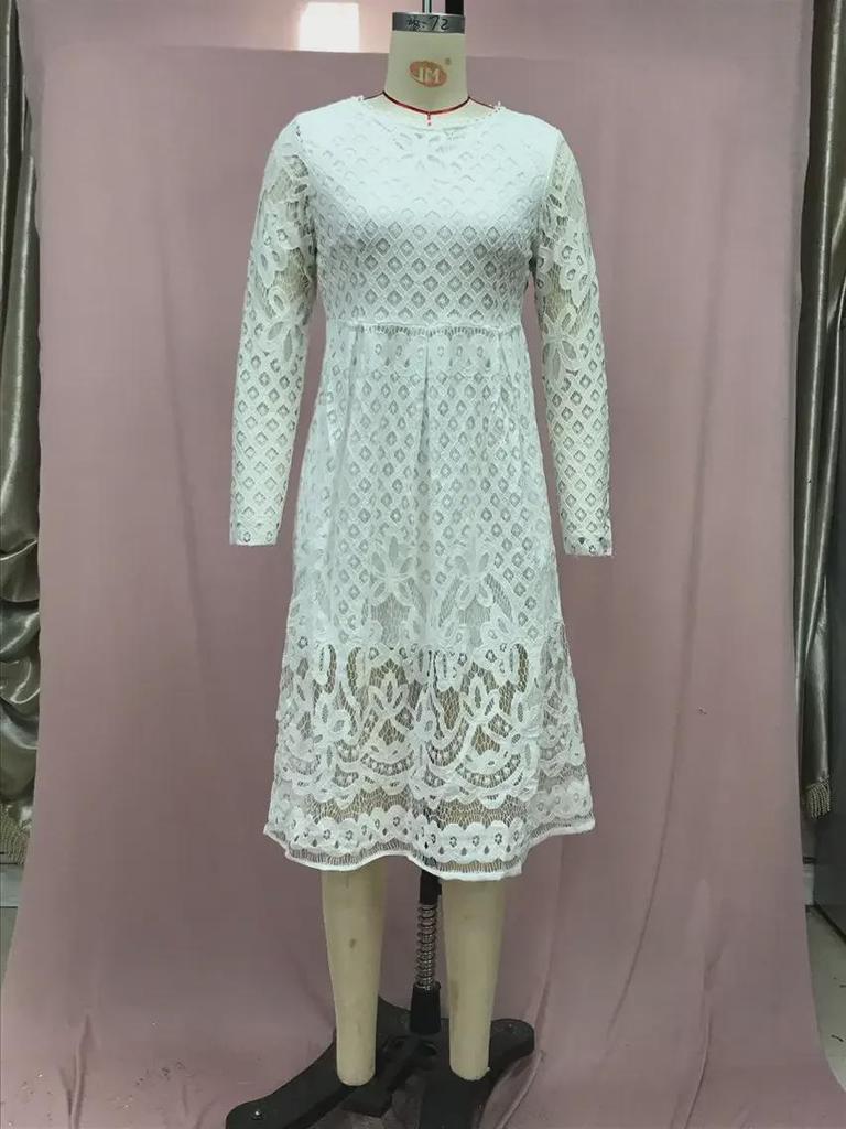 2025 Fall European & American Women's Lace Slim Midi Dress with Hollow Round Neck & Long Sleeves