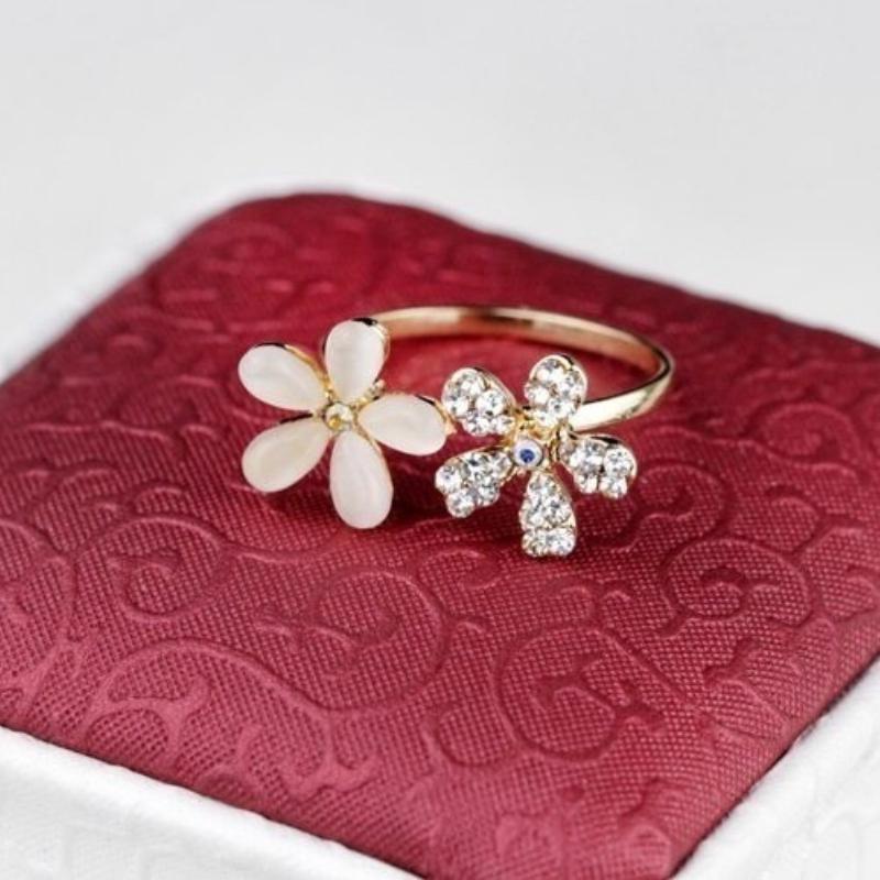Cincin Pembukaan Opal Bunga, Boleh Laras, Untuk Wanita, Rekaan Daisy Kecil, Set 2 Keping