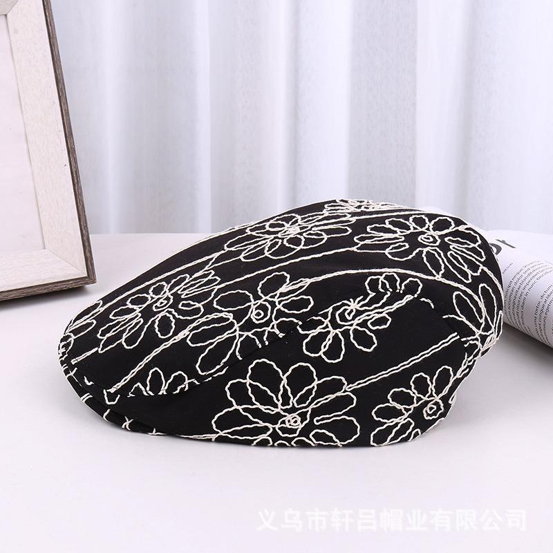 K-style ins heavy industry retro jacquard stereo flower embroider black forward hat trendy duck tongue beret