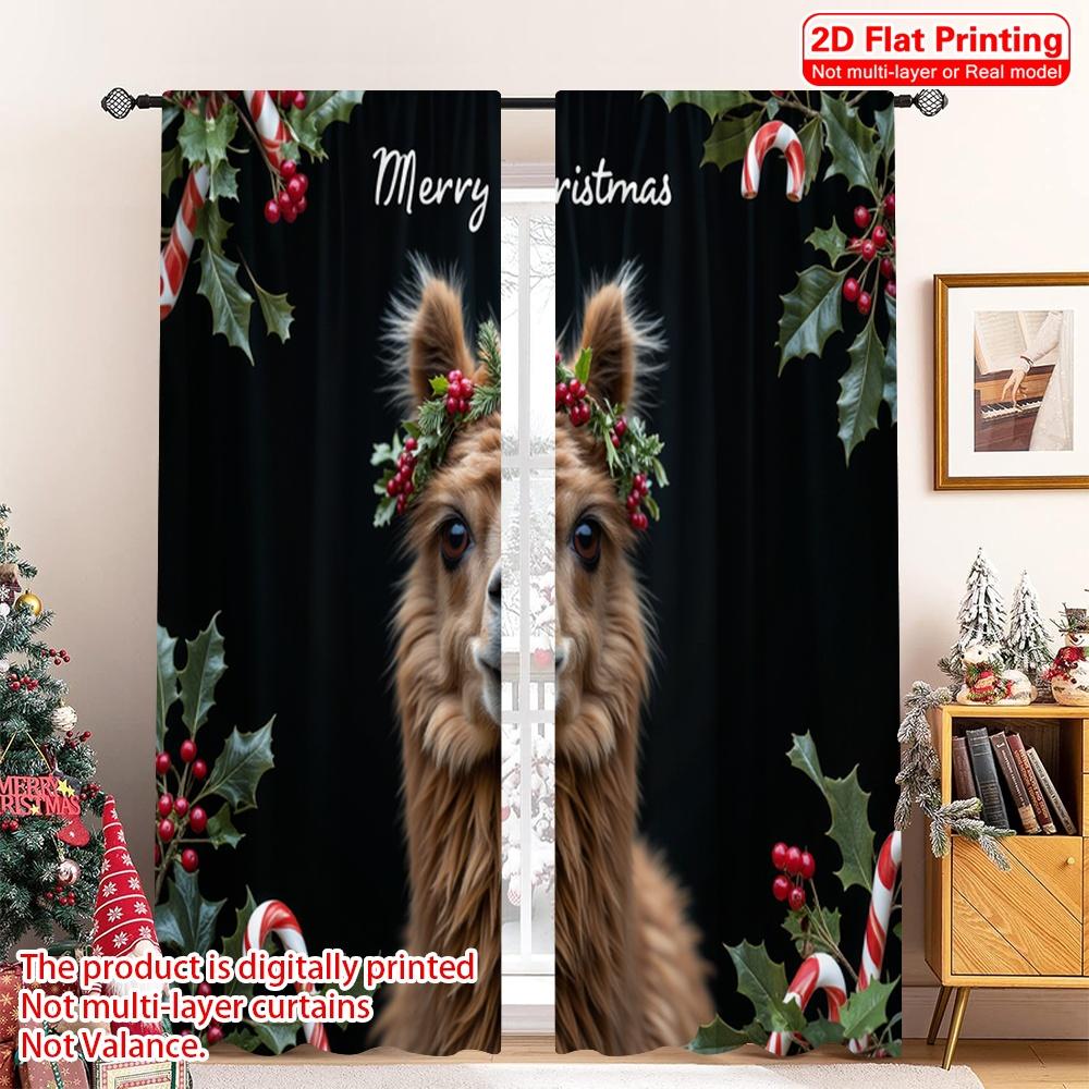 

2pcs 2D flat printing Christmas Drapes Merry Christmas Alpaca Gifts Polyester Fabric Without Electricity Family Party Use for 52.50×116.00 CM 2pcs