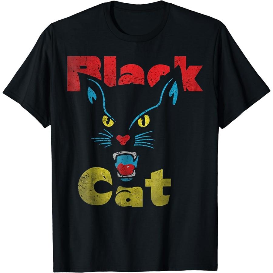 ODFSND Retro Black Cat Retro Fireworks Vintage Halloween 70s T-Shirt S