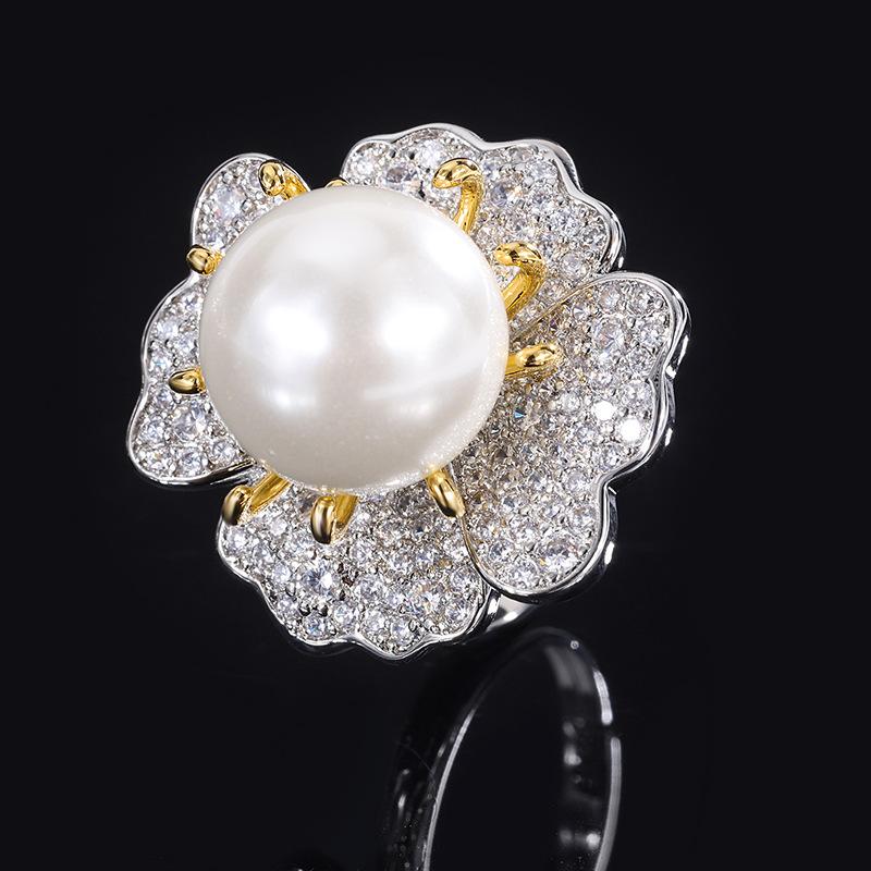Schmuck Kupferboden Vergoldet Goldintarsien Weiße Perle Licht Staubblatt Diamant-Intarsien Ring 14Mm