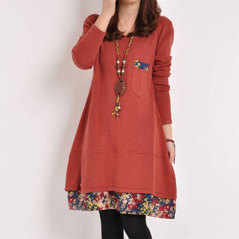 Cozy Women Fall Winter Floral Print Dress Long Sleeve Stylish Patchwork Jumper Top