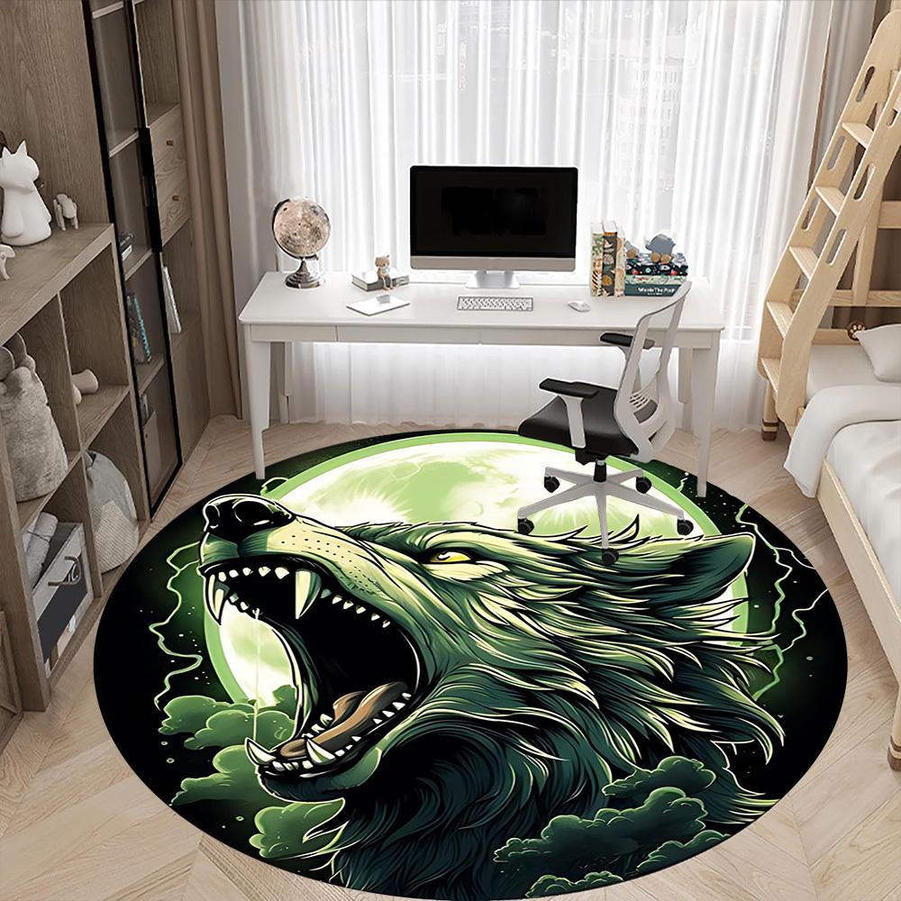 1pc Wolf Moon Office Round Area Rug, Under Office Chairs Bedroom Living Room Home Decor, Room Deco