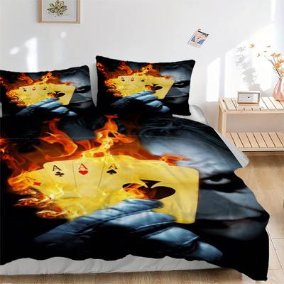 Spielkarten auf Feuer Bettwäsche-Set Bettbezug Geschenk für Schlafzimmer, Enthält 1 Bezug und 2 Kissenbezüge, Ohne FüllungB265