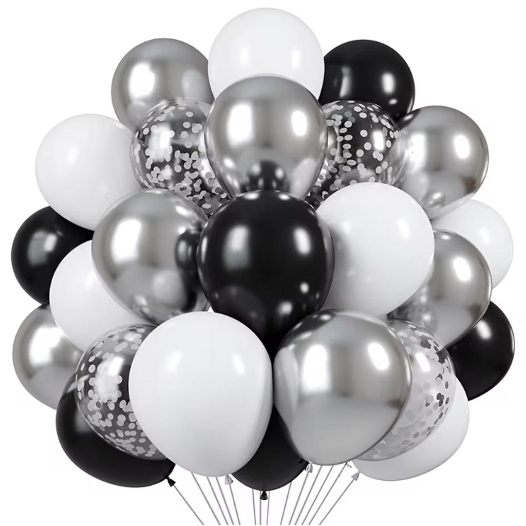 60pcs 12 inch black silver balloons with silver confetti, suitable for weddings, birthdays, pop parties, bridal showers parties