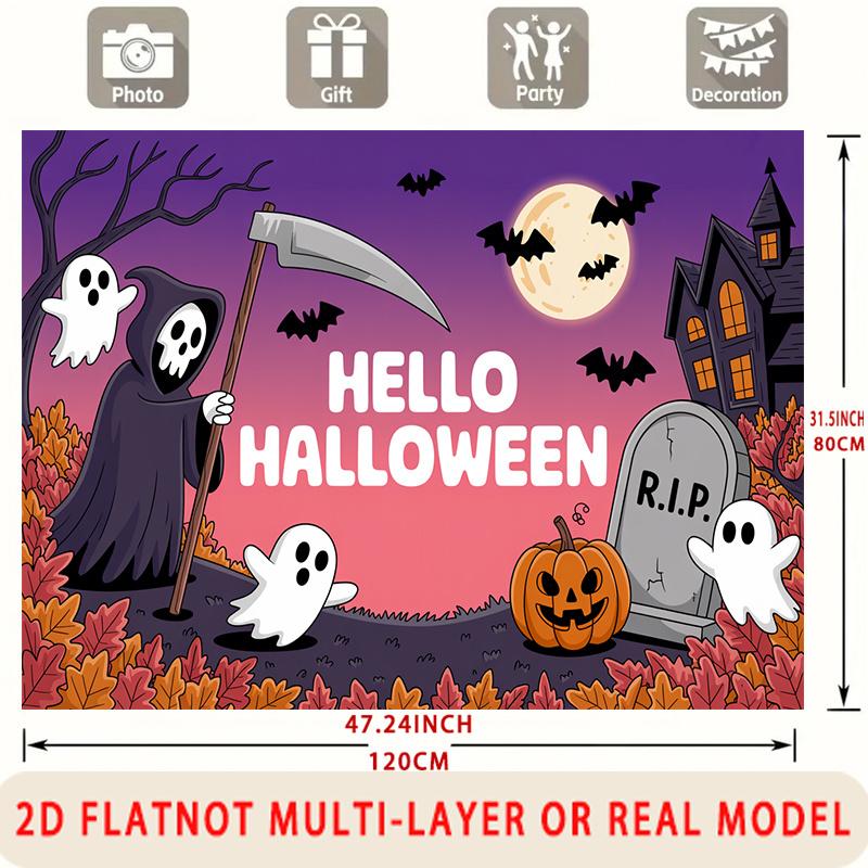 Party Backdrop Halloween Moon Flat Spooky Haunted House Ghosts Pumpkins Bats Celebration Photo Booth Front Door Decor