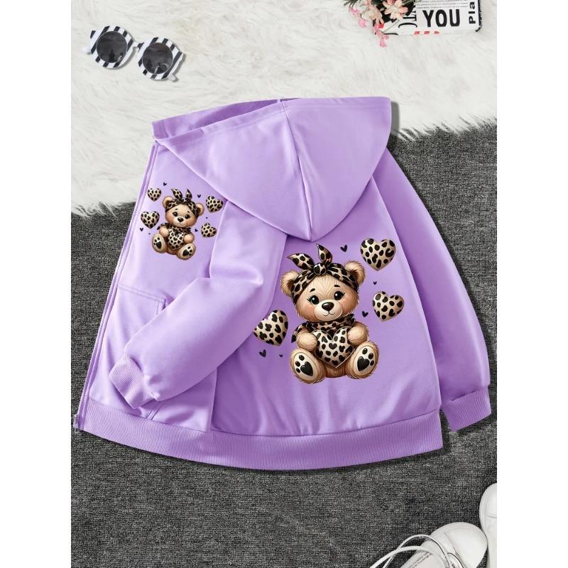 Girls Hooded Jacket Kids Black Zip Up Hoodie Leopard Print Bear And Heart Graphic Front And Back Pattern Long Sleeve Pocket