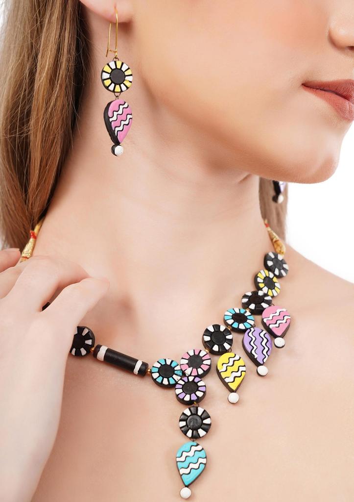 Handmade Terracotta Jewelry Set: Dangle Necklace & Ears