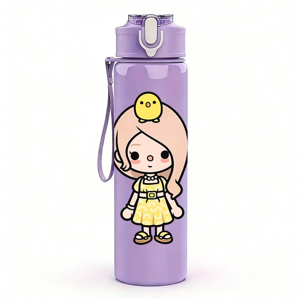 1PC Yellow Hat Sweet Girl Cartoon Print 750ml Color Plastic Sports Water Bottle Leakproof Flip Straw Lid Suitable for Sports Office Home Use