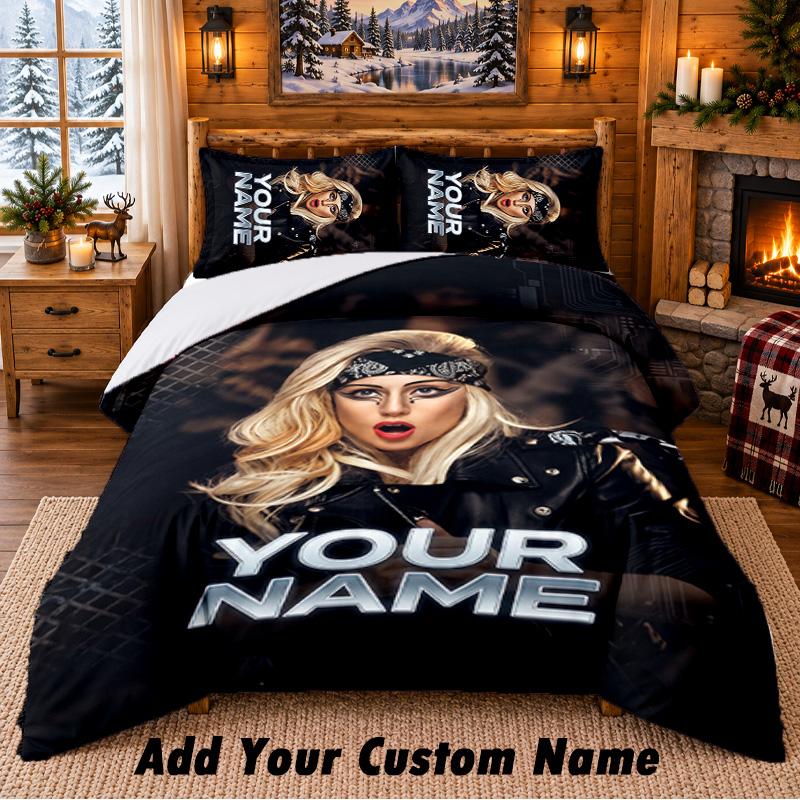 Lady Gaga Personalizowane Imię Zestaw Pościeli 3-częściowy 1 Prześcieradło 2 Poszewki na Poduszki Sypialnia Wystrój Domu