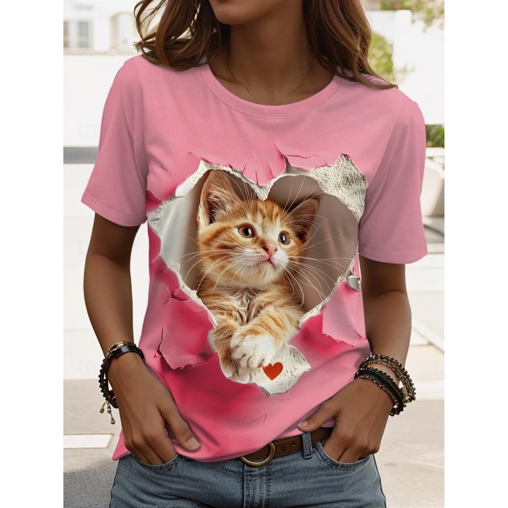 Women's Summer Cat Pattern T-shirt, Casual, Short Sleeve, Round Neck, Regular Top, Printed, Summer