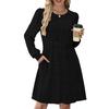 Women's Long Sleeve Pleated Round Neck Solid Color Casual Dress With Pockets