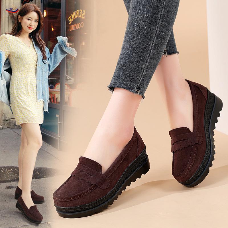Genuine Leather Women's Sneakers - Spring/Autumn Style, Thick-Soled Wedge Platform, Large-Size Korean Mom Shoes
