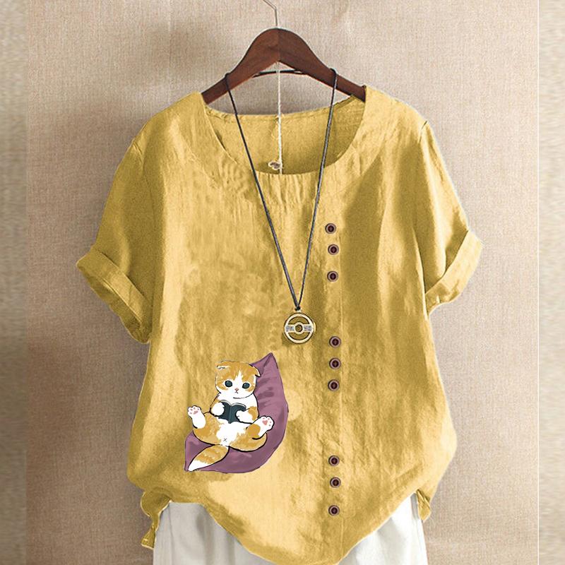Moda feminina bonito gato impresso manga curta camiseta solta algodão camisa casual solto verão blusa tops plus size