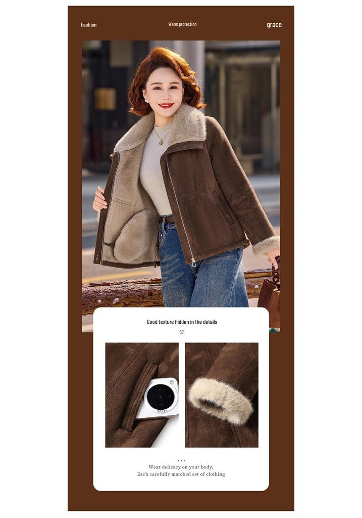 Mid-Aged Women's Winter Fashion Coat: Velvet-Enhanced, Thick Cotton Jacket with Fur and Leather Integration.