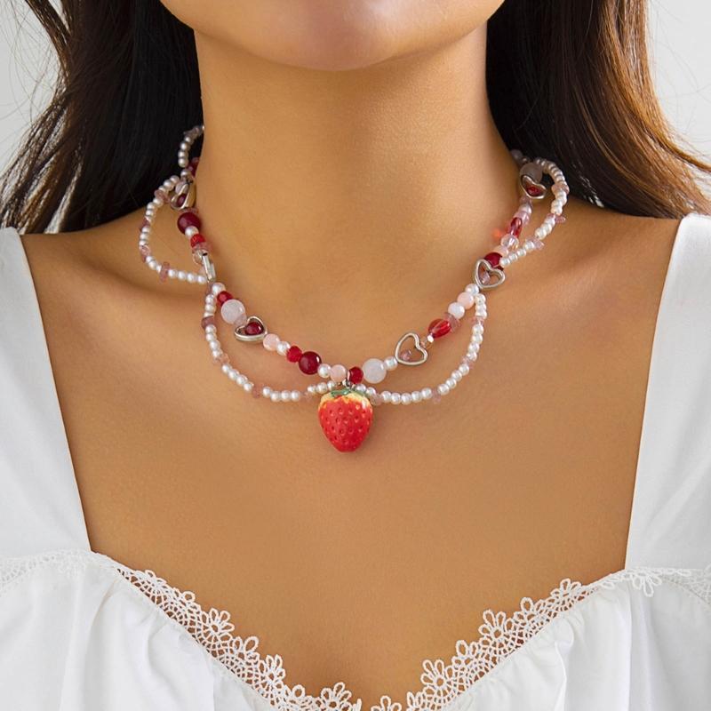Strawberry Necklace Imitation Pearl Choker Bohemia Layer Crystal Clavicle Chain Delicate Sweet Necklace for Women Girl