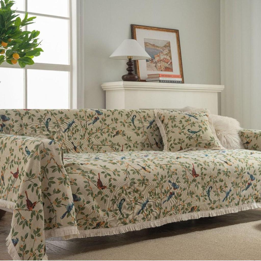 Pokrowiec żakardowy na sofę odporny na drapanie przez kota - Zielony, wzór retro kwiatowy i ptaki, świąteczny i gruby koc