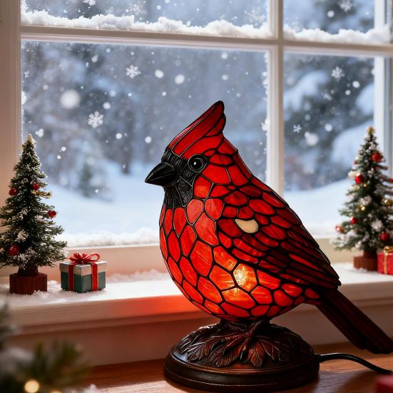 Cardinals Table Lamp Resin Red Bird Night Light for Bedside Living Room Christmas Decor