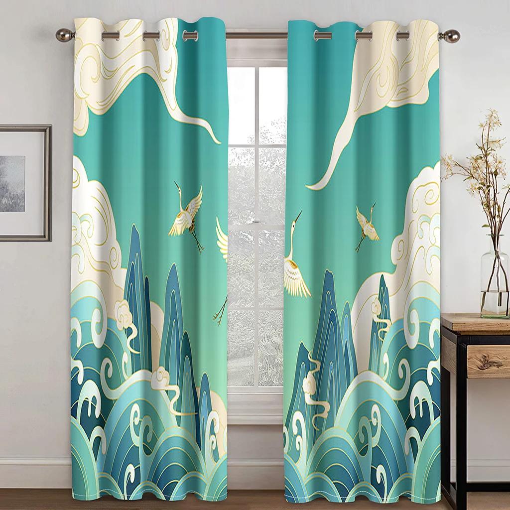 Red Blue Japanese Style Crane Wave Mountain Sun Print High Shading Curtain Bedroom Living Room Hotel Window Curtain 2Panels New
