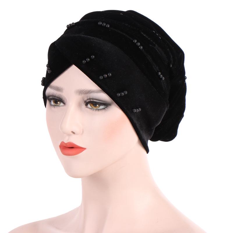

1Pc New women s solid color forehead cross velvet nail bead headscarf cap Muslim headscarf cap