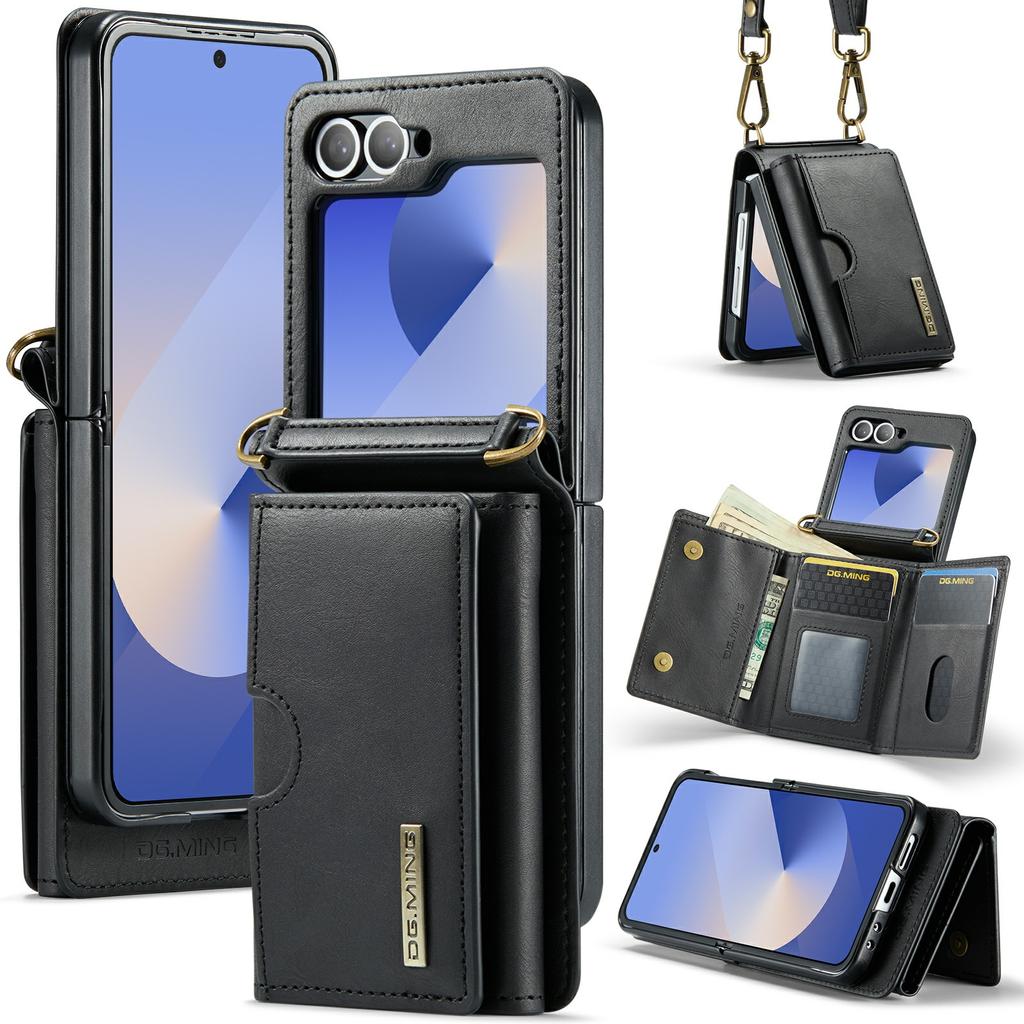 DG.MING M6 Serie Für Samsung Galaxy Z Flip6 5G/Z Flip7 FE 5G Faltbare Hülle PU+PC Handyhülle mit Brieftasche/Schultergurt