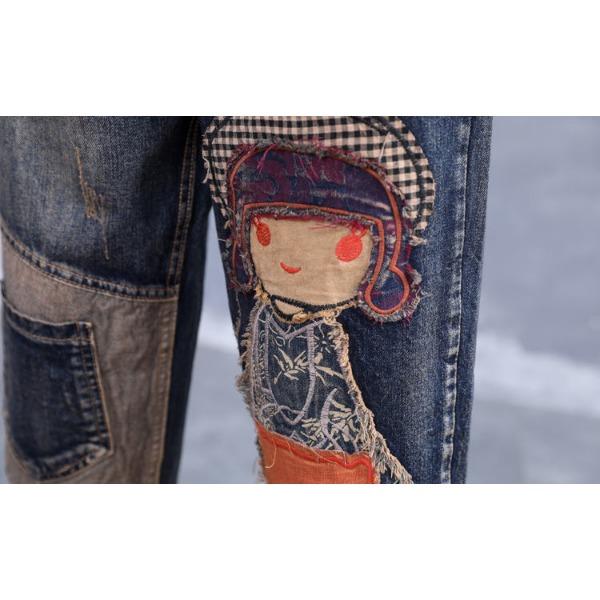 Damen Jeans Hose Elastischer Bund Lässig Übergröße Retro Patchwork Stickerei Harems Hose