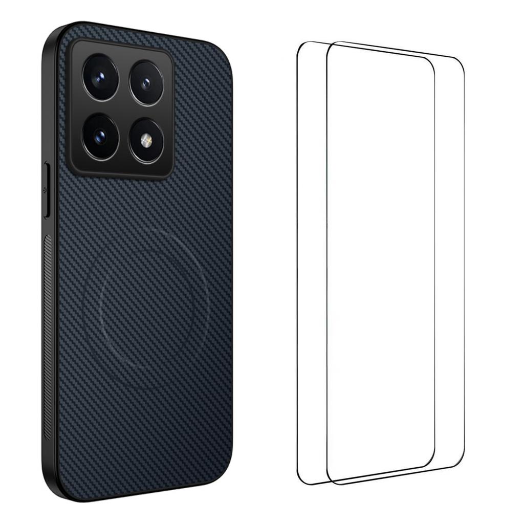 For Xiaomi 14T Pro Magnetic Case WANLONFENG TQ1 Series Carbon Fiber Texture PC TPU Phone Cover with 2Pcs Screen Films