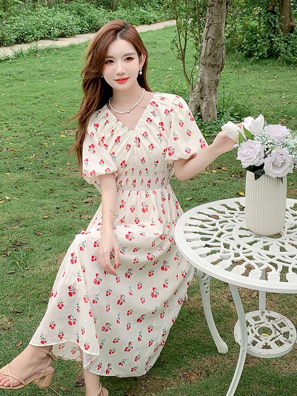 Women's Summer Floral Puff Sleeve Long Dress: Ladylike, Age-Reducing, Slimming Waist, Elegant Collared Design.