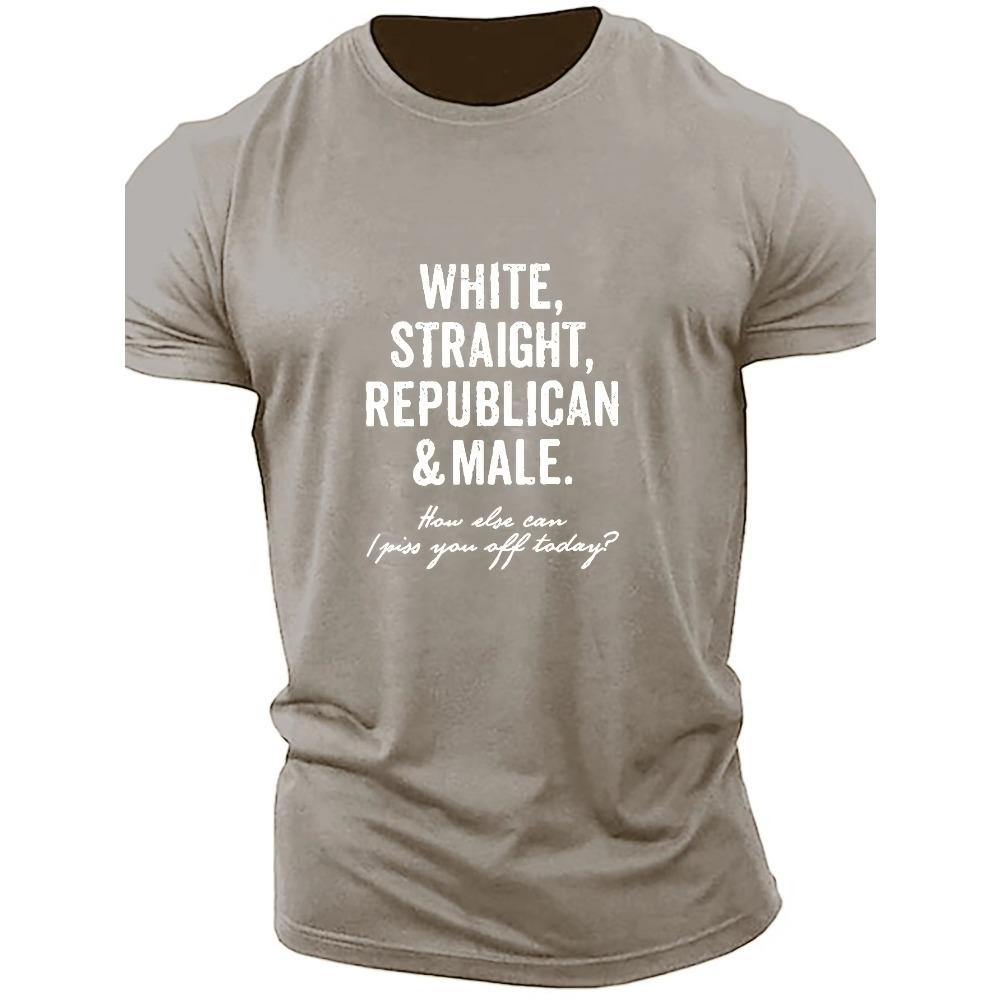 Oversized Loose Fit Tees, Men's "White Straight Republican & Male" Graphic Print T-shirt For Summer