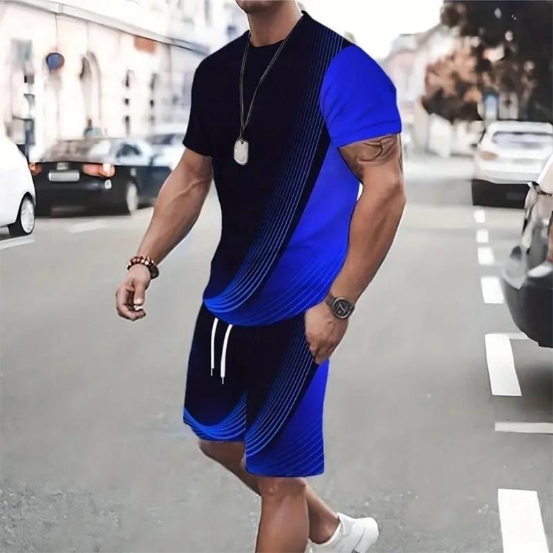 Men's Fashion Geometric Pattern Short-sleeve and Shorts Set Casual Loose Two-piece Outfit