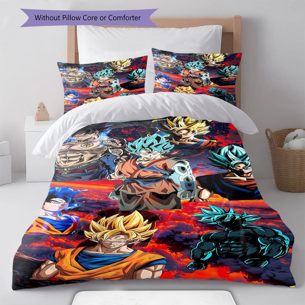 Son Goku Pattern Bedding Quilt Set Quilt Cover Pillowcase Home Decoration Gift (1 * Duvet Cover + 2 * Pillowcase, Without Core)