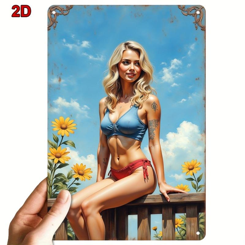 Vintage Metal Sign 8x12 Inch Retro Wall Decor Sunflower Bikini Girl Art for Bar Cafe Bedroom