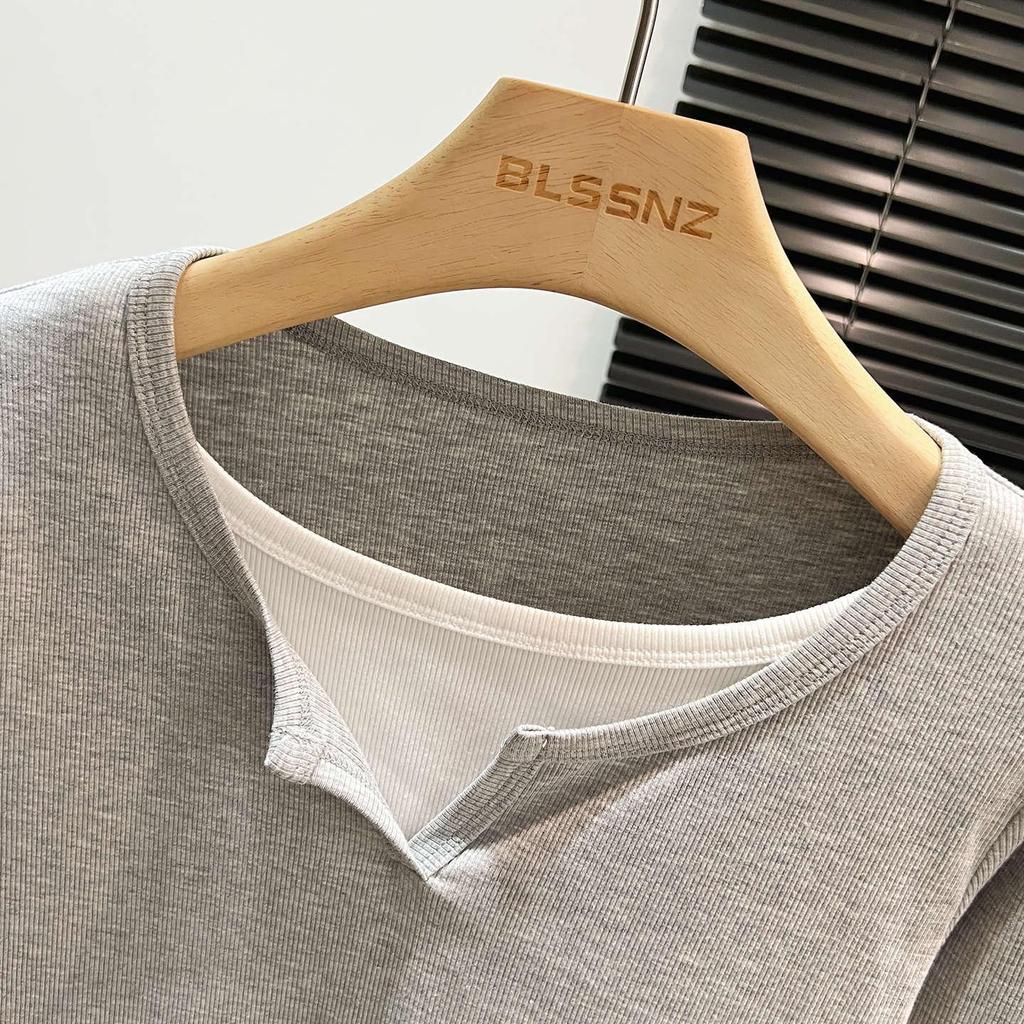 Color-block Women's Long-Sleeve Faux Two-Piece Slim Top for Spring, Autumn, and Winter