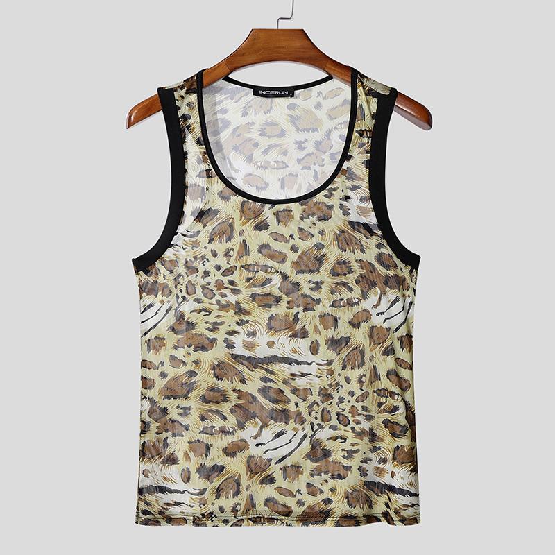INCERUN Men Sleeveless Leopard Semi-Sheer Fitted Casual Tank Tops