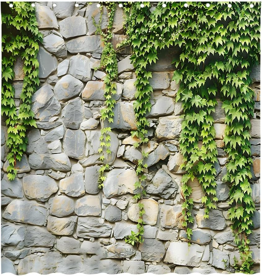 Stone Wall Shower Curtains Spring Green Leaves Vine Plant Rustic Farm House Polyester Fabric Bathroom Decor Bath Curtain Sets