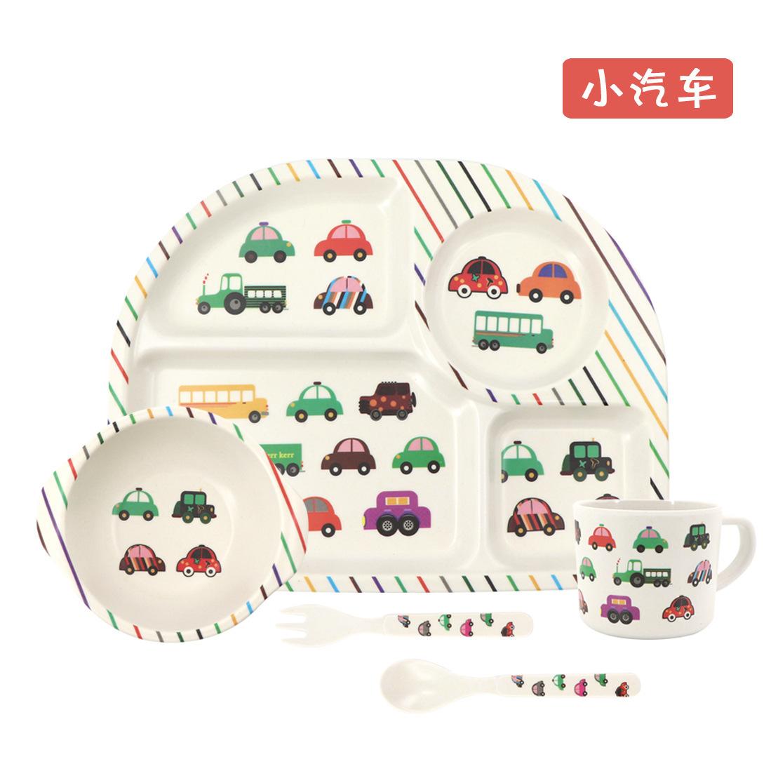 

5pcs Creative Bamboo Fiber Children Tableware Set Cartoon Grid Dinner Plate Rice Bowl with Cup Fork Spoons for Home Kindergarten