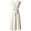 Hepburn style pocket skirt French temperament high waist dress women's spring and summer chic elegant apricot lace-up medium and long dress