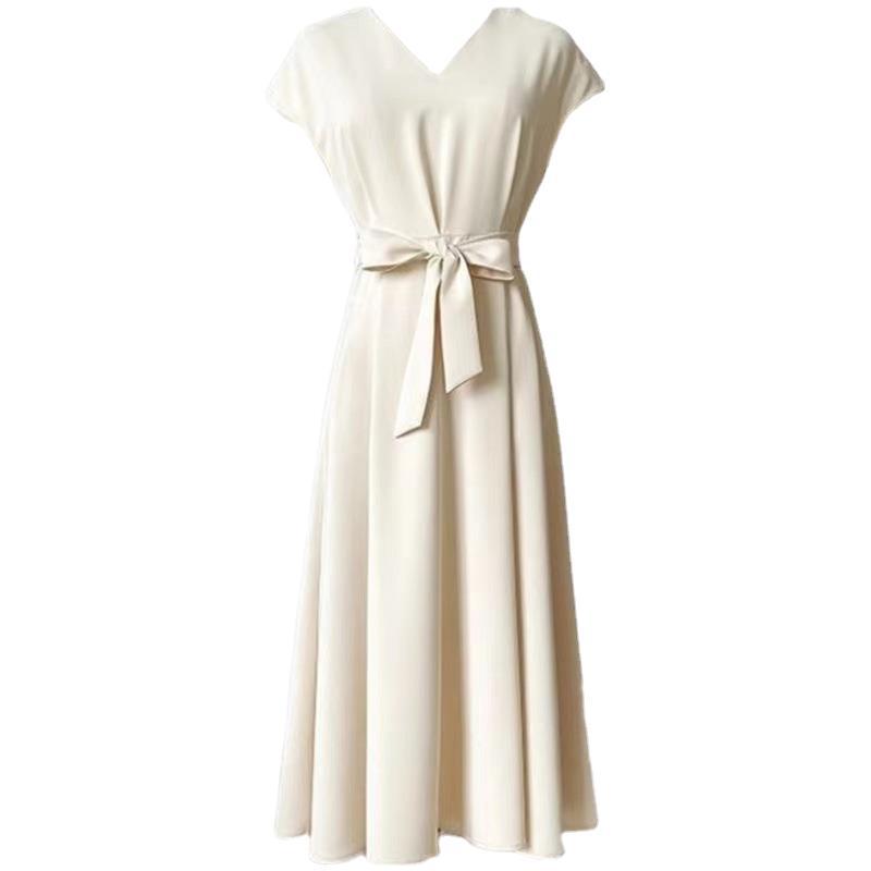 Hepburn style pocket skirt French temperament high waist dress women's spring and summer chic elegant apricot lace-up medium and long dress