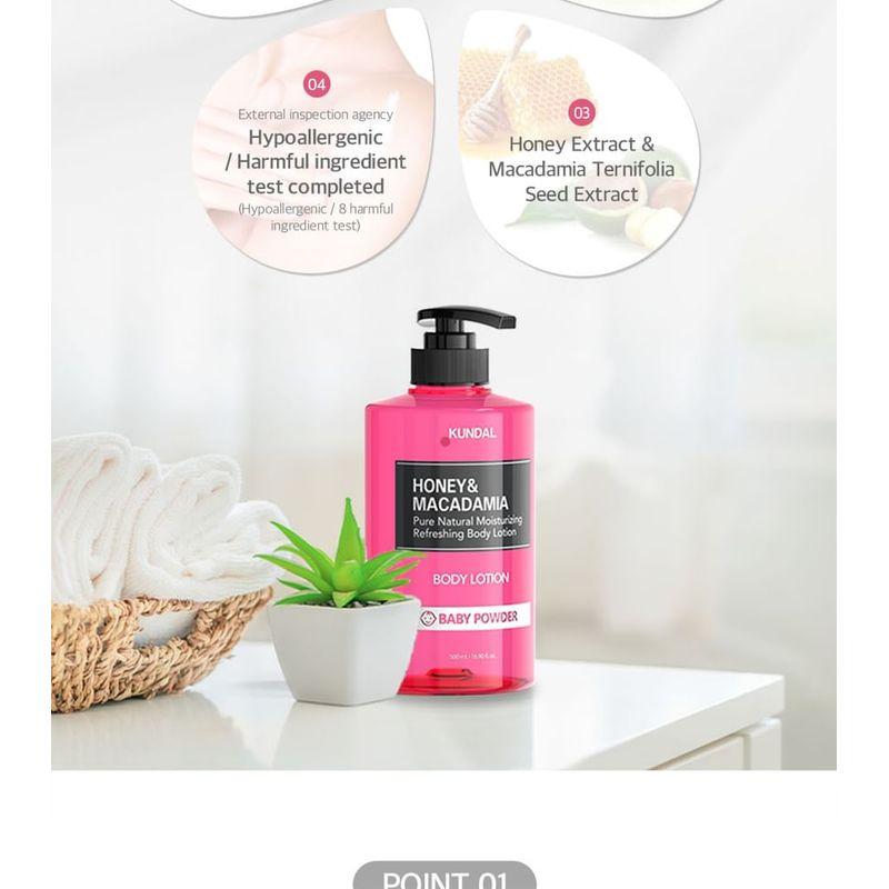 KUNDAL Loção Corporal Hidratante Refrescante Pura Natural de Mel e Macadâmia - 7 Tipos