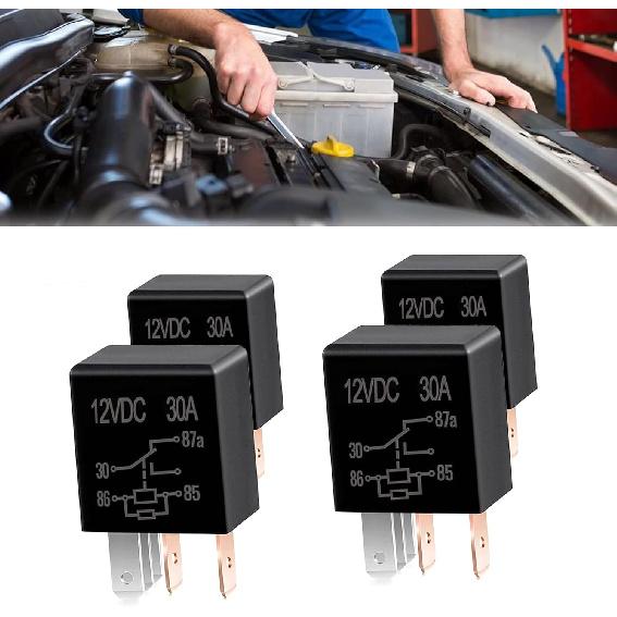 Ijuicy 4 PCS Car 5 Pin Relay Switch, Multi-Purpose Relay with 12V 30A, Nylon Shell Automotive Engine Starter Relay Without Backrest, Plug-in Motor