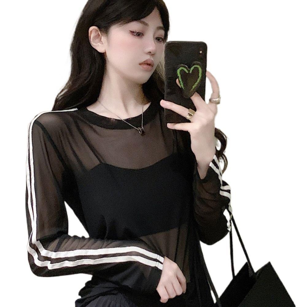 

Long Sleeve Y2K Transparent T Shirts Round Neck Mesh Blouses Leisure Women