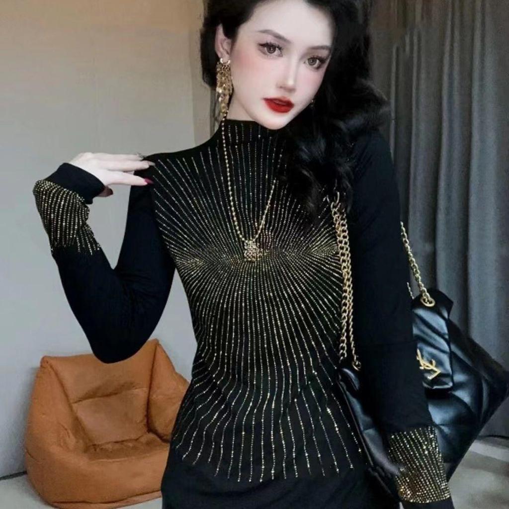 Brilliant Fireworks Women's Rhinestone Long Sleeve Fleece Top - Slimming, Versatile, and Warm for Autumn/Winter