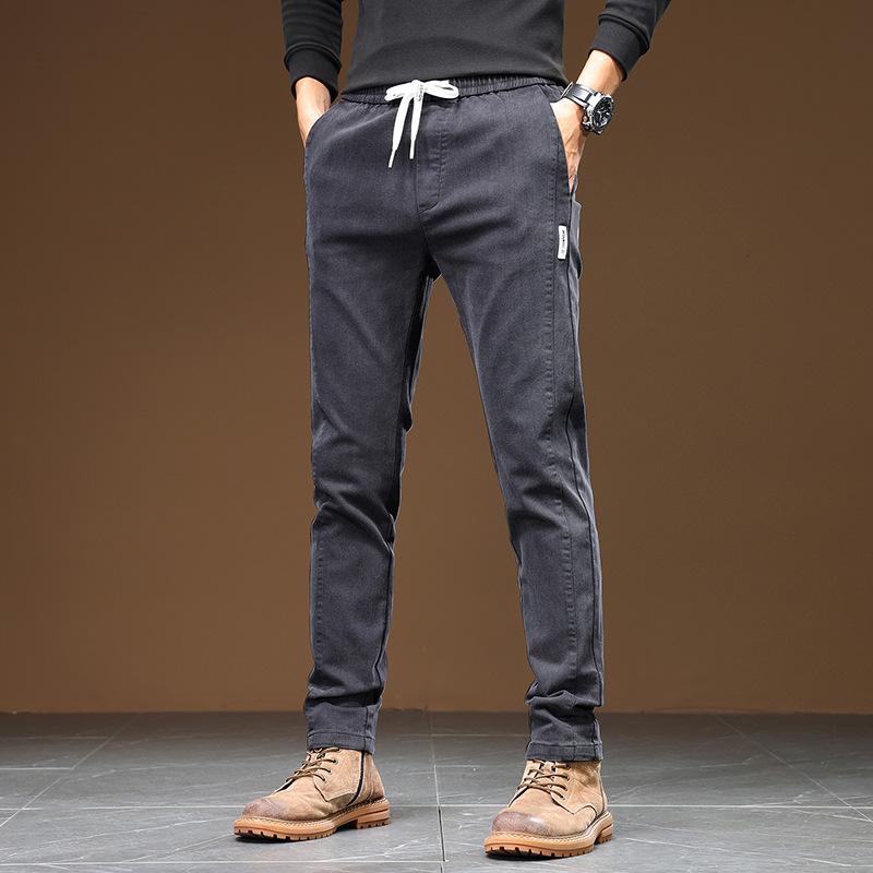 New Men's High-end and Comfortable Casual Pants for Men's Youth Spring Straight-length Lace-up Elastic Trousers