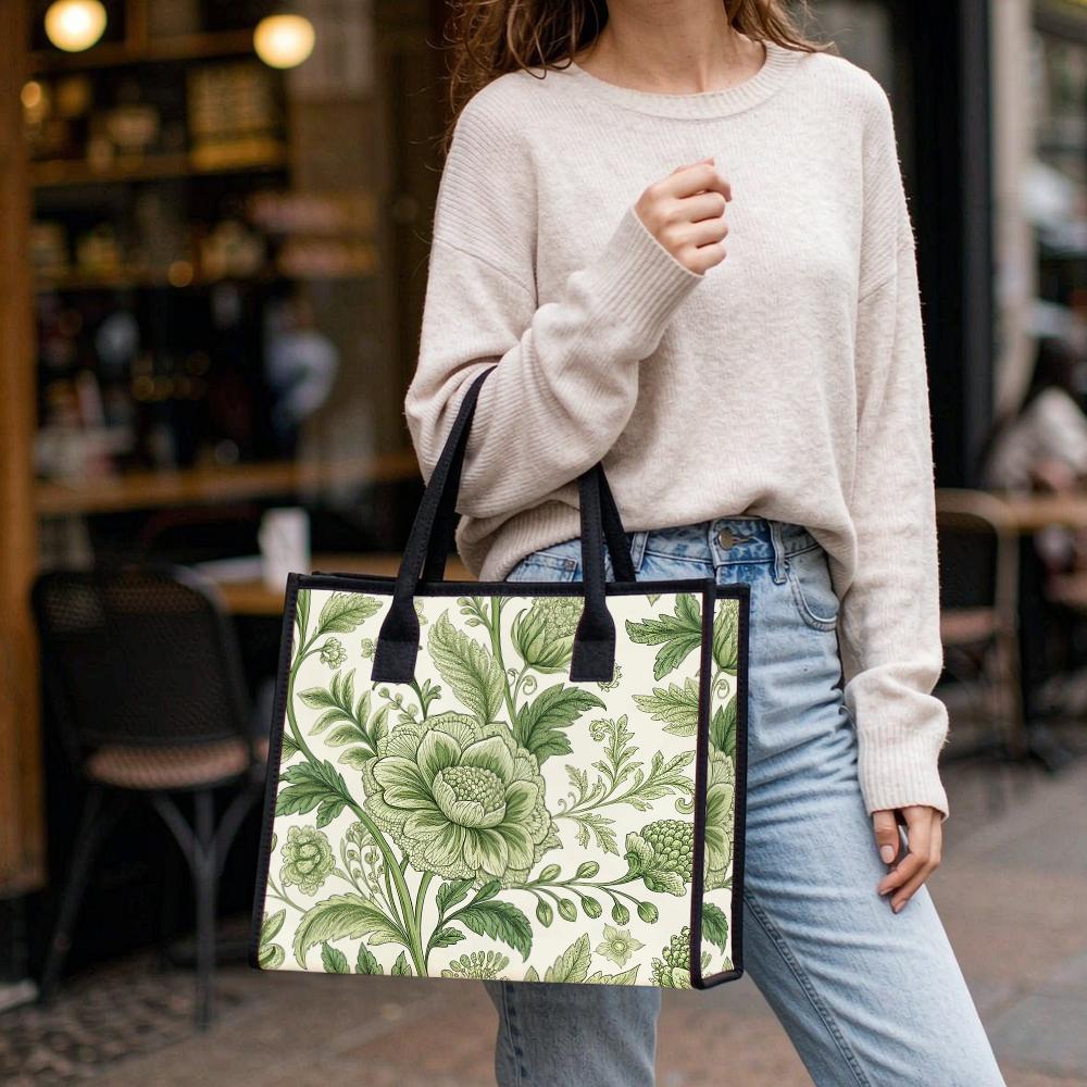 Vintage Green Floral Shoulder Bag Fashion Casual Daily Shopping Tote Bag for Women