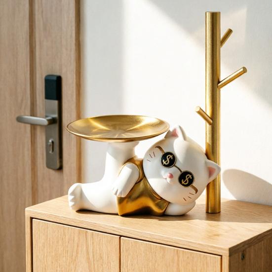 Lucky Cat Key Holder Tray for Entryway Table Resin Fortune Cat