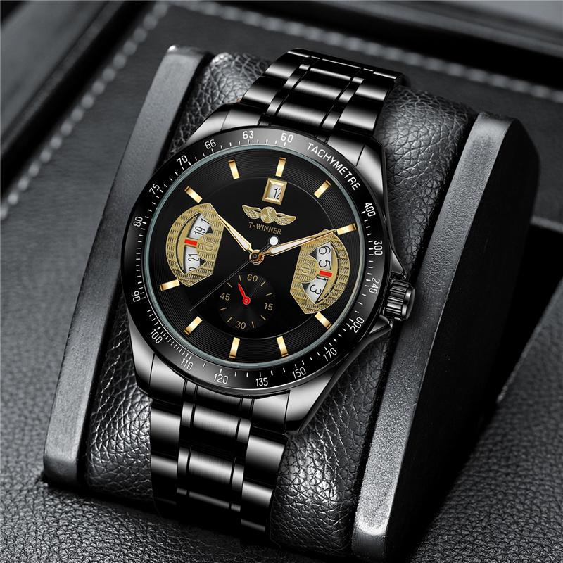 WINNER Sports Gold Automatic Watch for Men Date Display Luminous Hands Stainless Steel Strap Top Brand Luxury Mechanical Watches